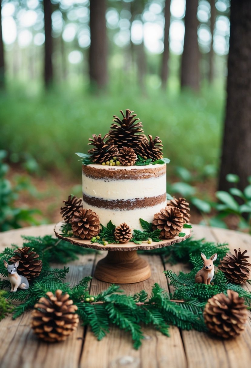 A forest-inspired cake adorned with pinecone accents sits on a wooden table, surrounded by greenery and small woodland creatures