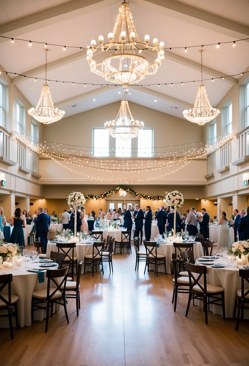 A festive wedding reception in a spacious civic hall, adorned with elegant yet budget-friendly decorations and twinkling lights. Tables are set with simple but tasteful centerpieces, and a lively dance floor beckons guests to celebrate