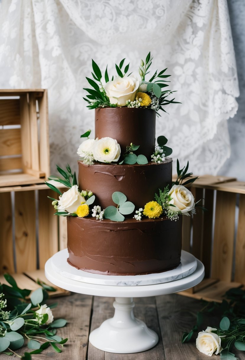 A three-tiered chocolate ganache cake adorned with fresh flowers and greenery, set against a backdrop of wooden crates and vintage lace