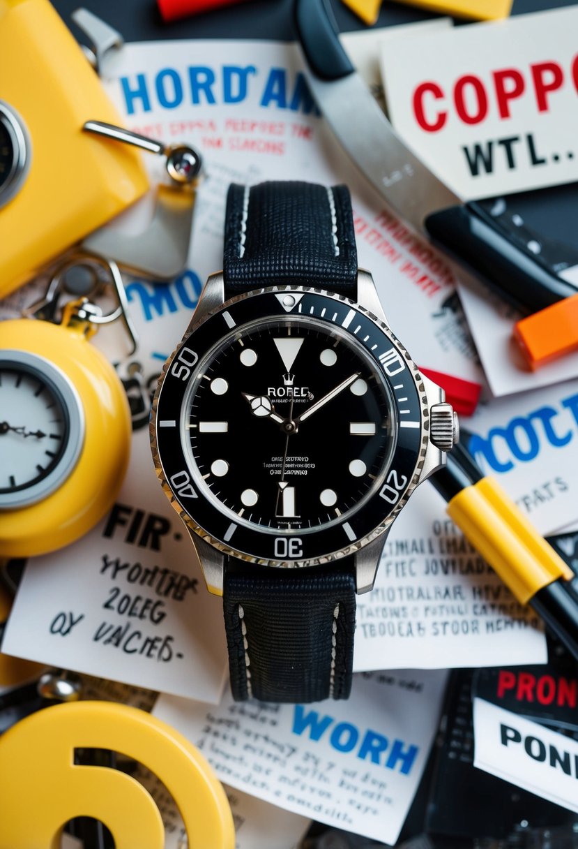 A watch surrounded by comical props and notes, with a humorous and playful vibe