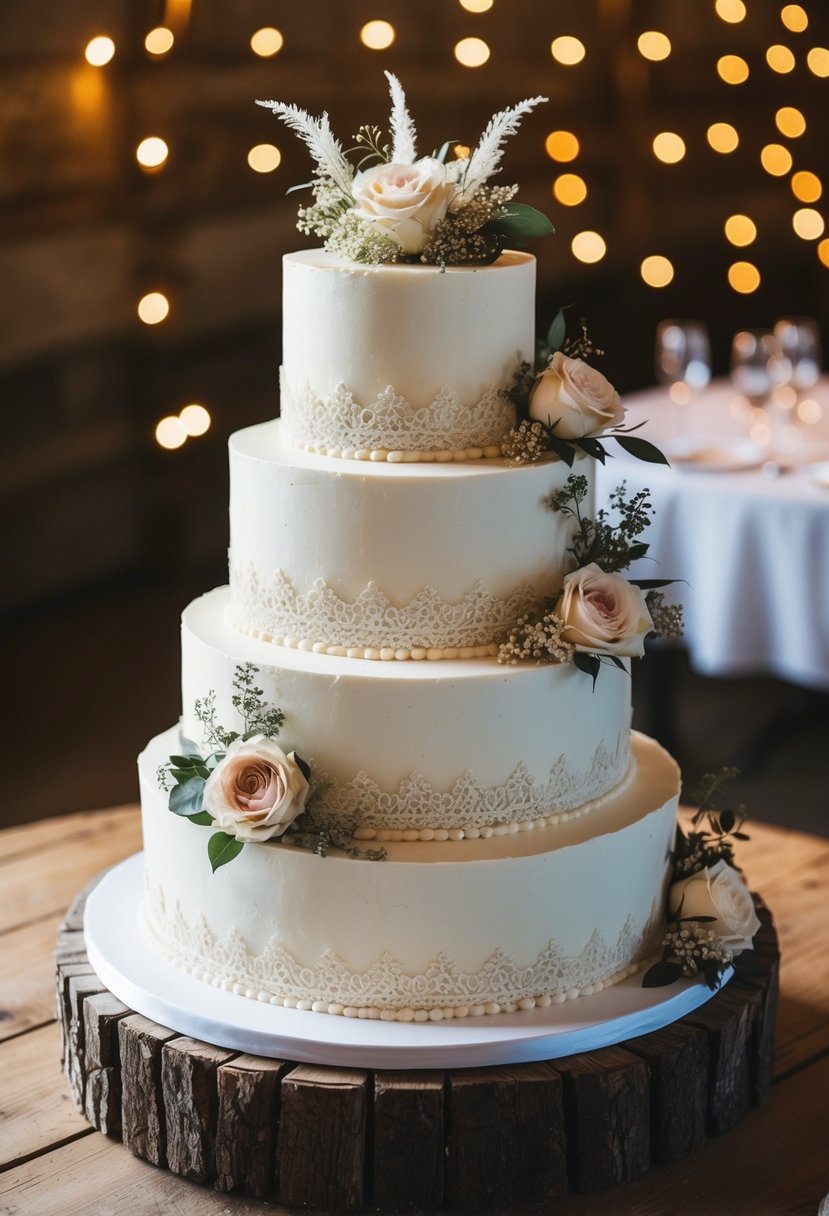 A three-tiered wedding cake adorned with vintage lace and rustic floral accents sits on a wooden table