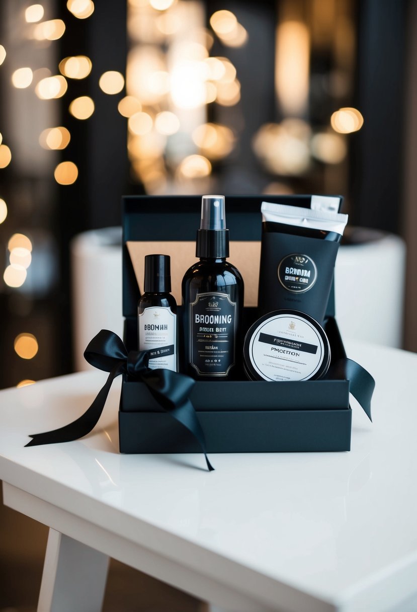 A sleek black box with neatly arranged grooming products and a ribbon tied around it, ready to be given as a wedding gift for the groom