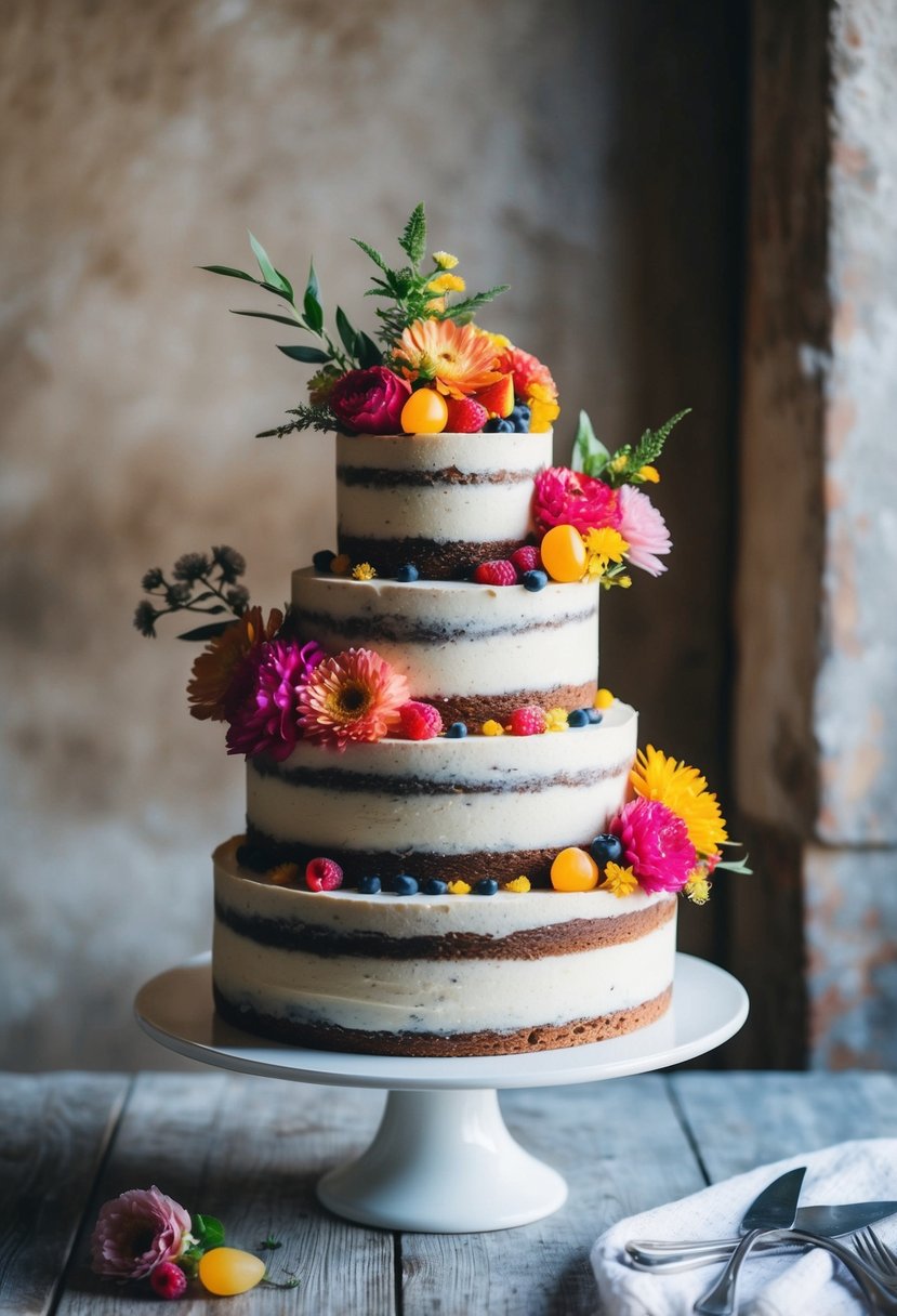 A tiered cake adorned with colorful flowers and fruits, set against a rustic backdrop