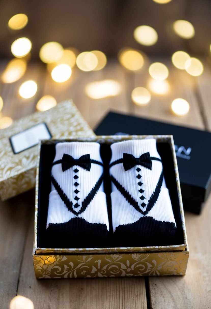 A pair of novelty socks with wedding-themed designs, like tuxedos or bow ties, arranged in a decorative gift box