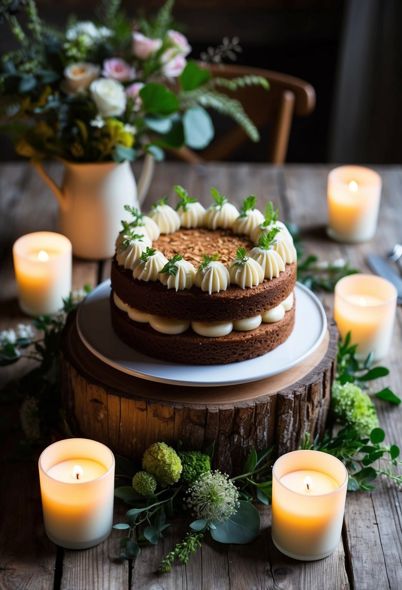 A Banoffee Cake sits on a wooden table adorned with fresh flowers and greenery, surrounded by rustic decor and soft candlelight