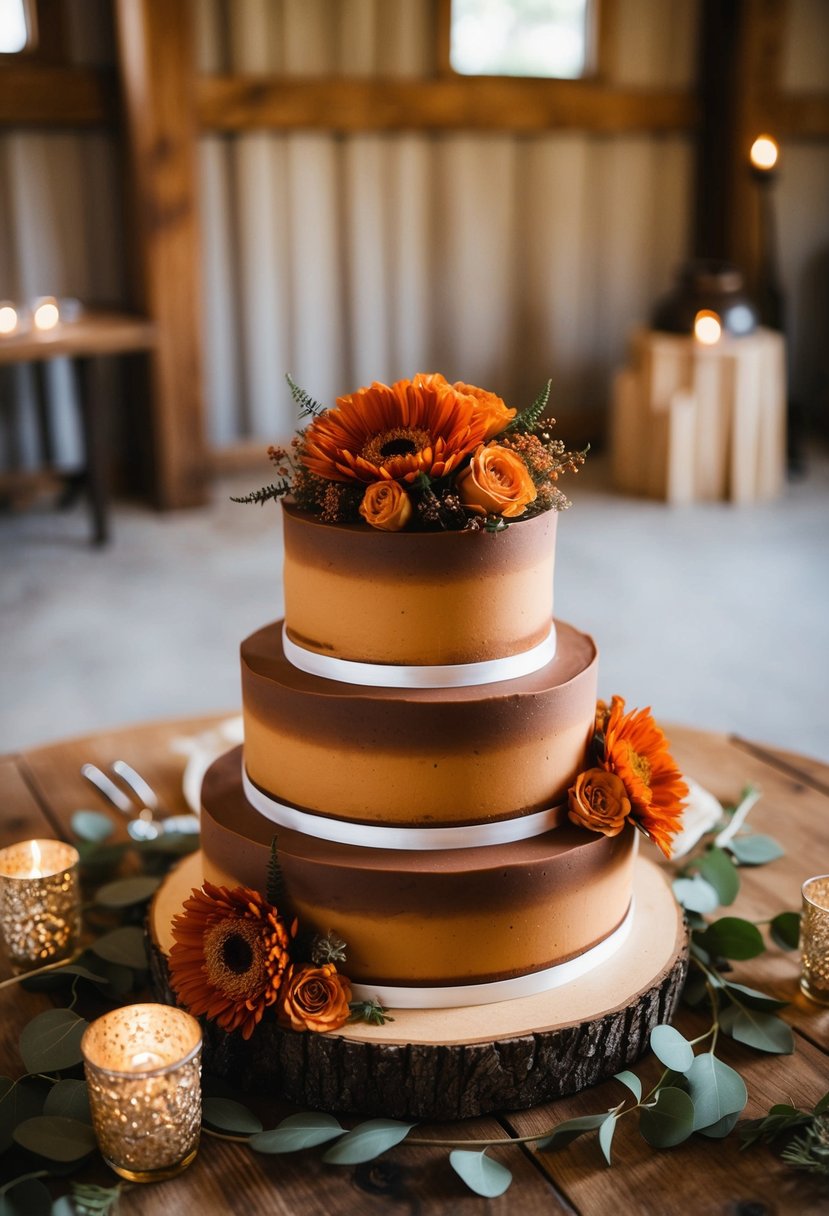 A three-tiered earth-toned cake adorned with burnt orange flowers sits on a wooden table, surrounded by rustic wedding decor