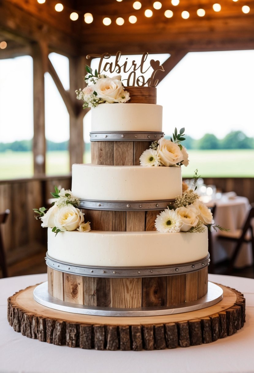 A three-tiered barn-themed wedding cake adorned with edible flowers and rustic wood accents