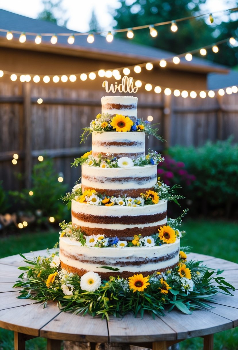 A tiered wedding cake adorned with wildflowers sits on a wooden table in a backyard, surrounded by festive decorations and twinkling lights