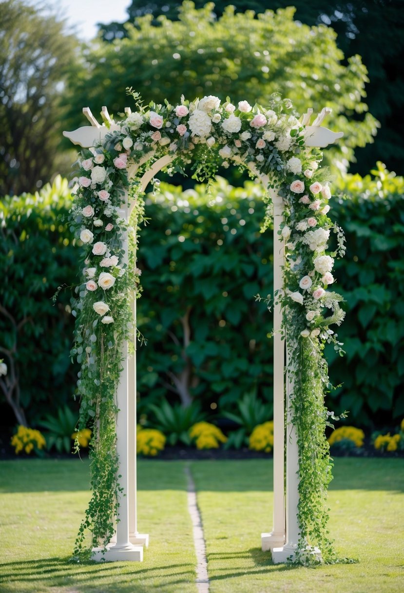 A beautiful wedding trellis adorned with flowers and greenery, set against a backdrop of lush garden foliage