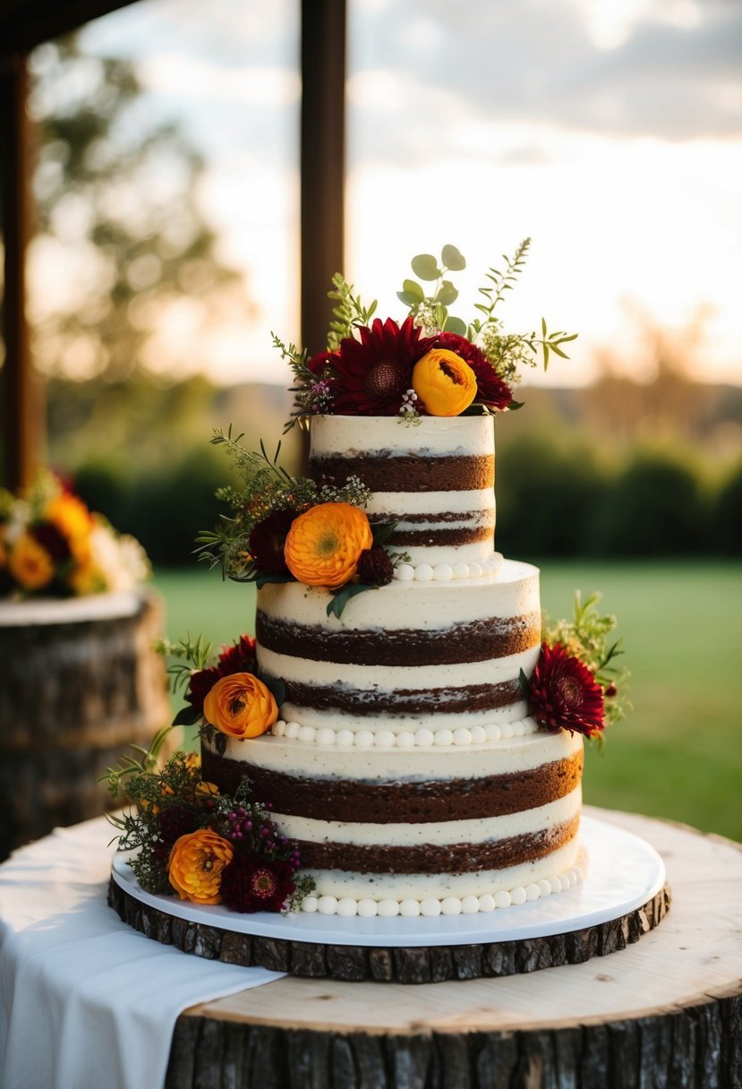 A rustic wedding cake adorned with seasonal blooms