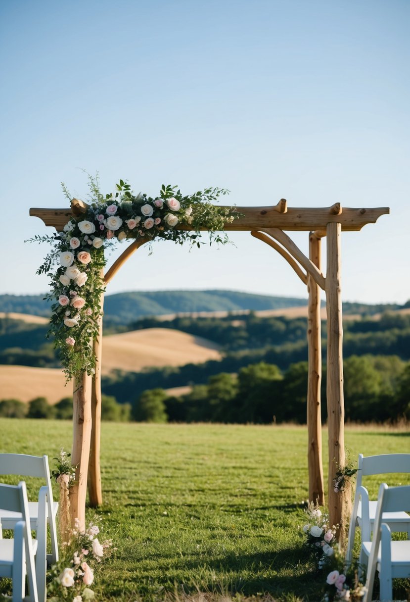 A natural wood ceremony arbor stands adorned with flowers and greenery, set against a backdrop of rolling hills and a clear blue sky