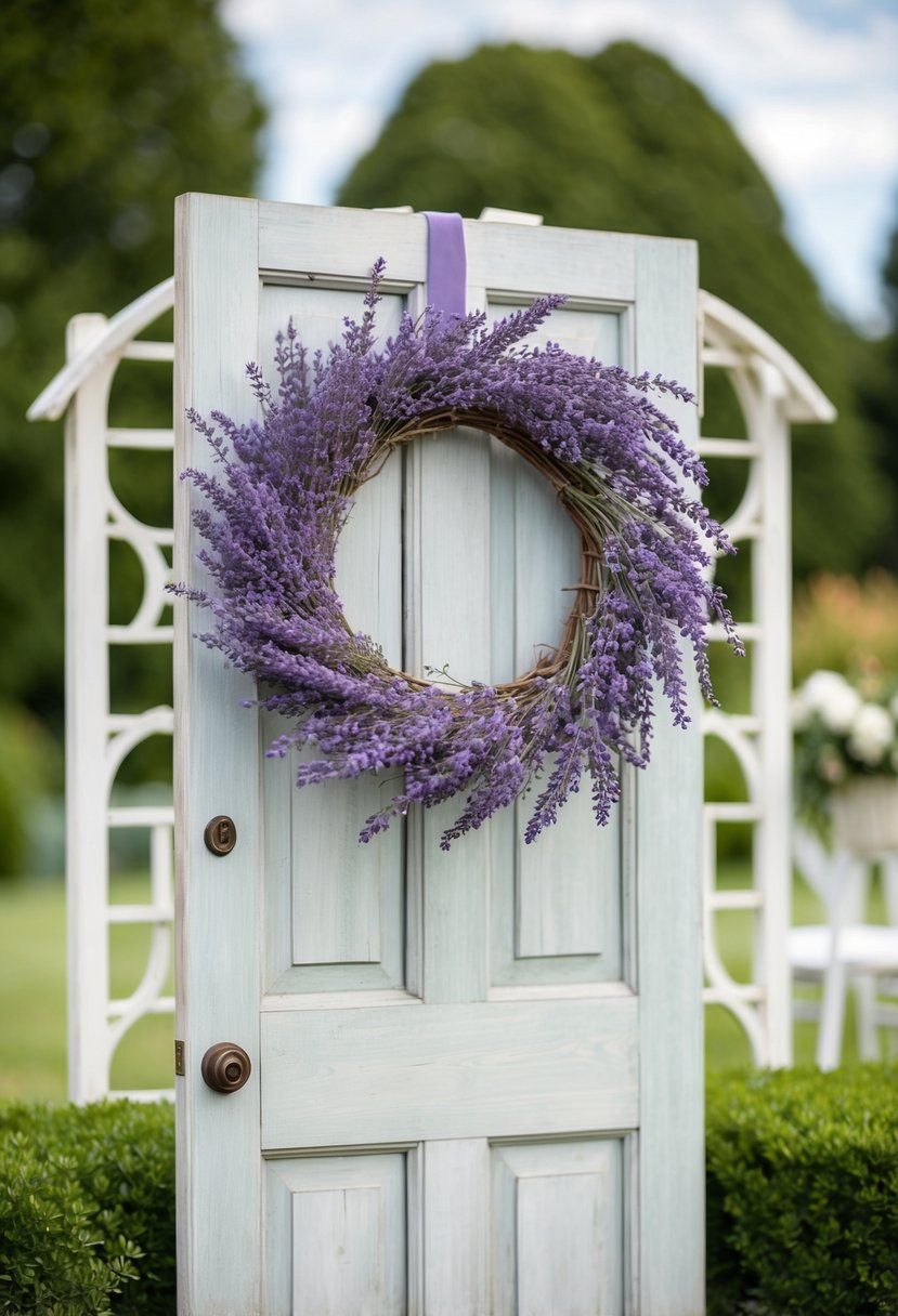 A weathered wooden door adorned with a delicate lavender wreath, set against a backdrop of a charming wedding trellis