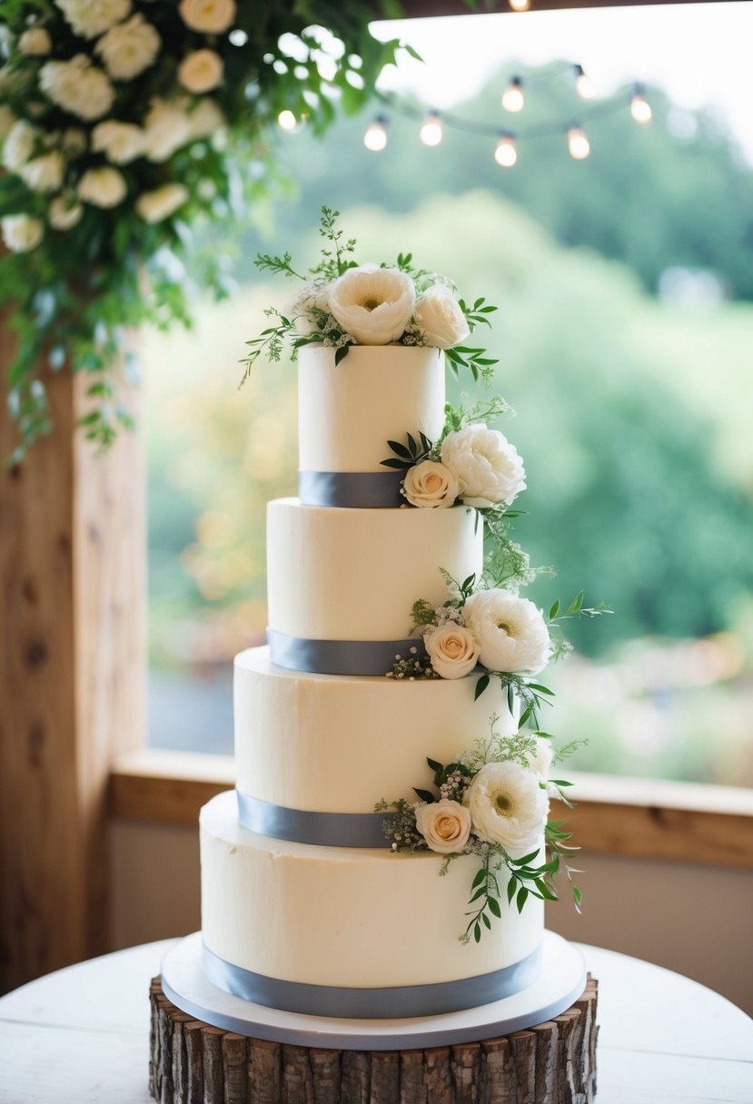 A three-tiered wedding cake adorned with cascading flowers in a rustic setting