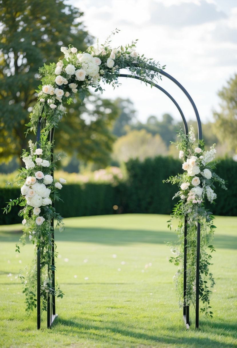 A round metal balloon arch frames a wedding trellis, adorned with flowers and greenery