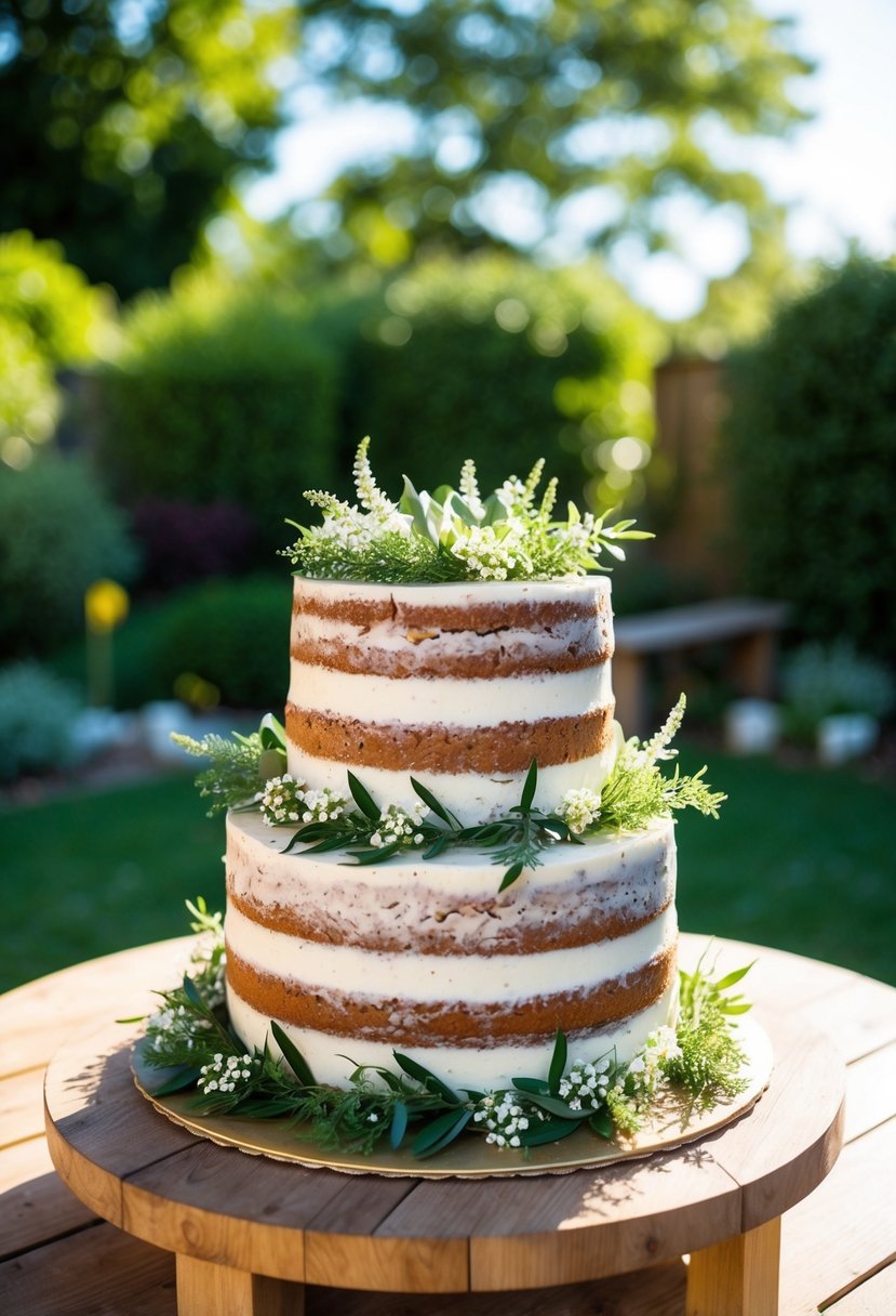 A two-tiered rustic cake adorned with greenery and small white flowers sits on a wooden table in a sunlit garden