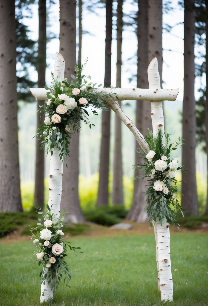 A rustic aspen wood wedding trellis adorned with flowers and greenery, set against a backdrop of a serene forest