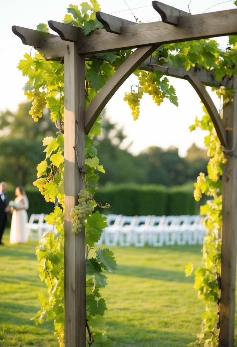 A wooden trellis adorned with grapevines and greenery, creating a romantic and natural backdrop for a wedding ceremony