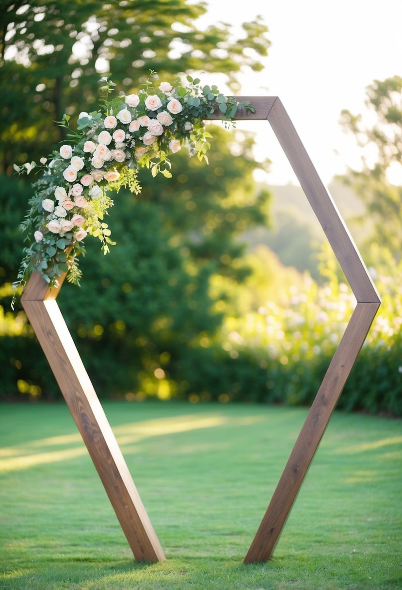 A hexagonal wooden arch stands adorned with flowers, set against a backdrop of lush greenery and soft sunlight