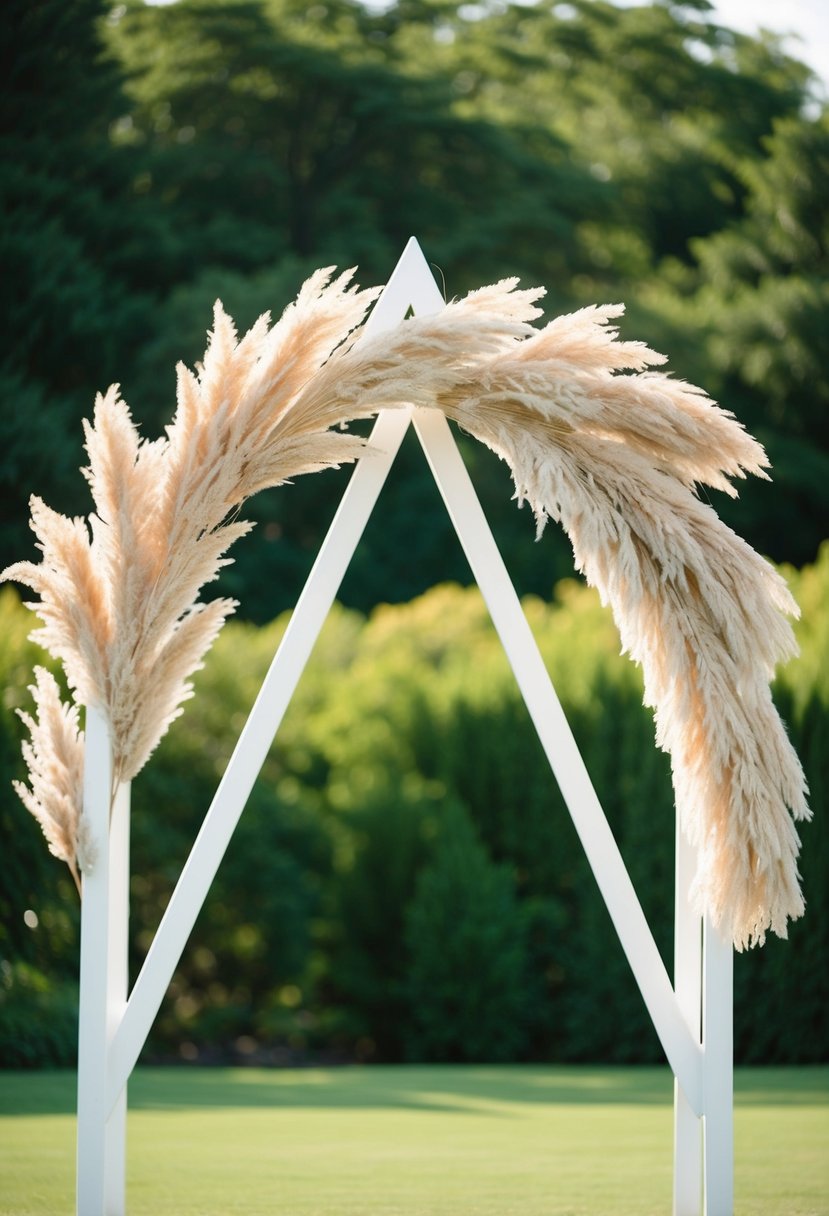 A triangle arch adorned with flowing pampas grass stands as a romantic wedding trellis, set against a backdrop of lush greenery