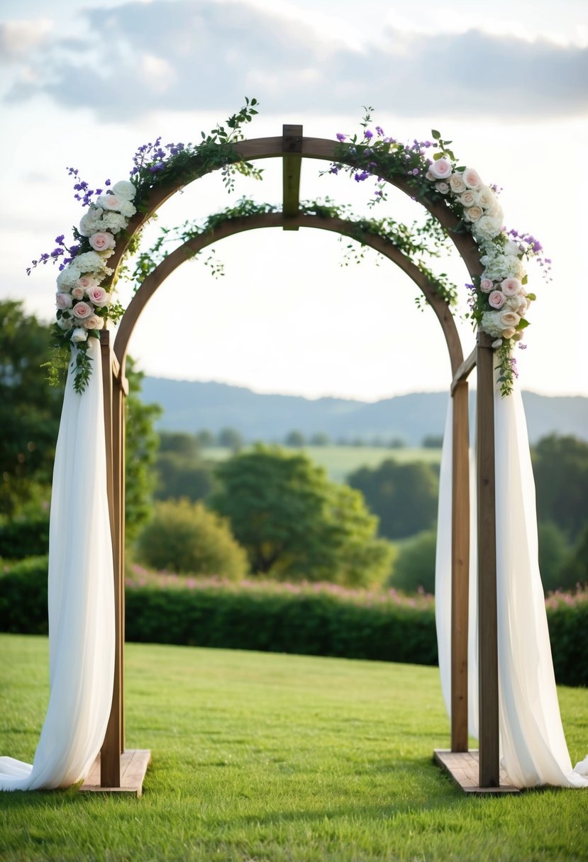 A double arch wedding trellis adorned with flowers and draped fabric, set against a picturesque outdoor backdrop