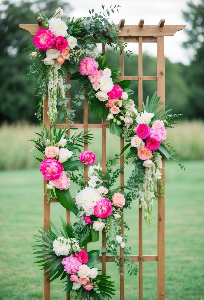 A wooden wedding trellis adorned with vibrant, overlapping floral arrangements in shades of pink, white, and green