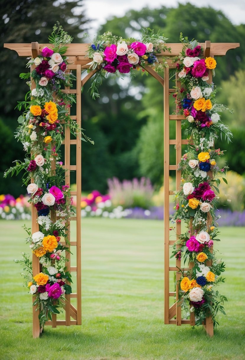 A wooden wedding trellis adorned with vibrant color-blocked floral arrangements in a garden setting