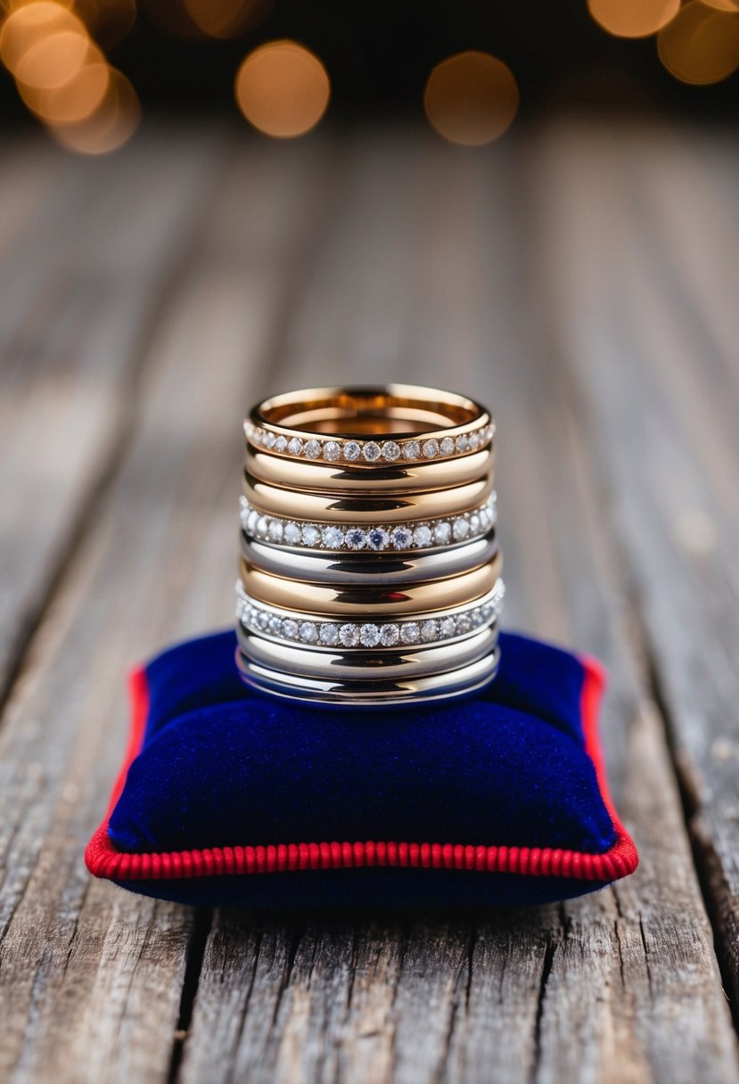 A stack of wedding rings in various styles and metals arranged on a velvet cushion