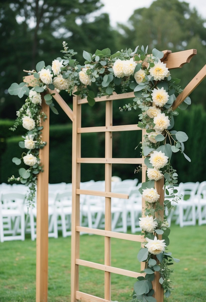 A wooden wedding trellis adorned with clusters of Eucalyptus and Dahlias, creating a romantic and natural backdrop