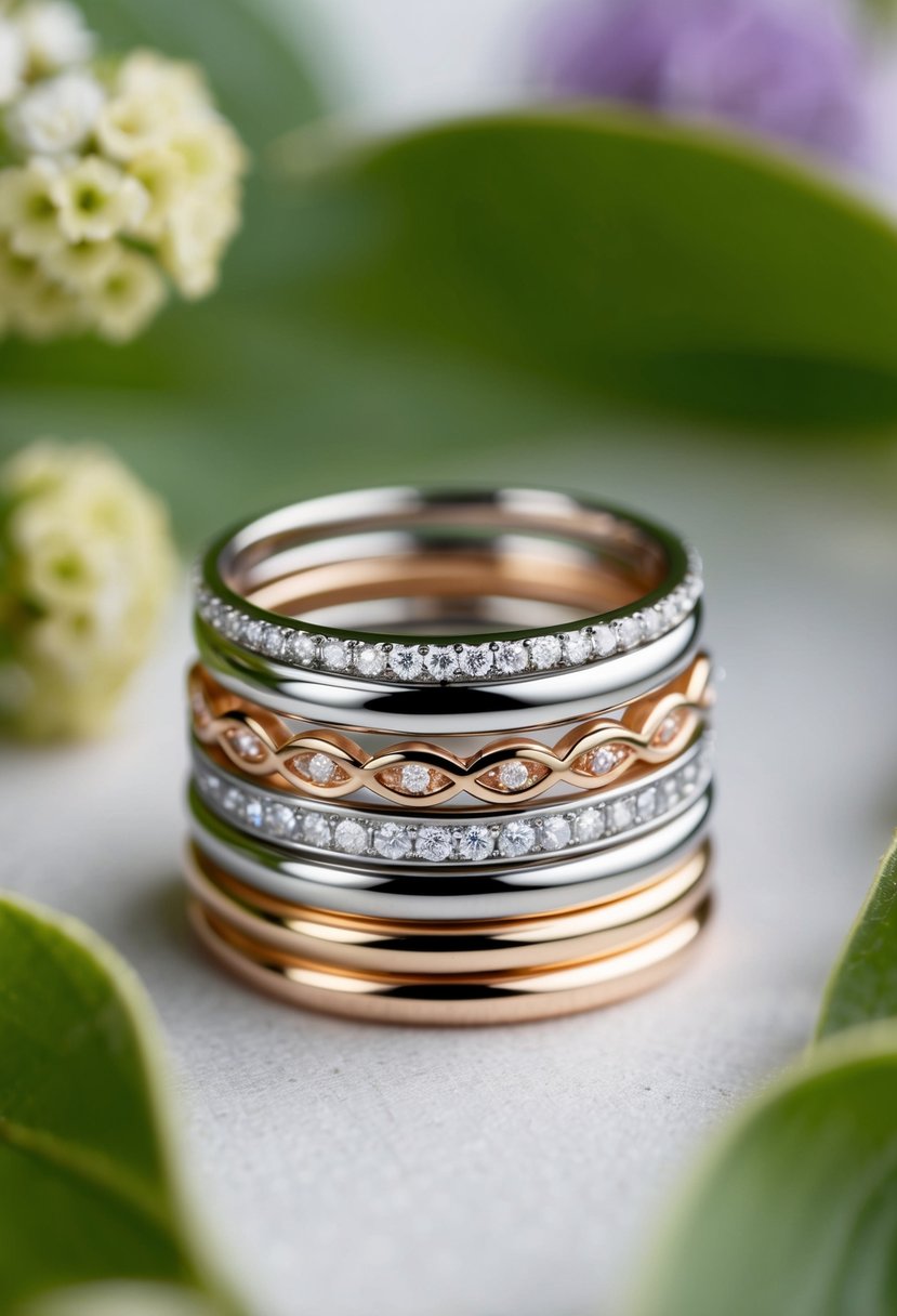 A collection of delicate wedding bands arranged in a mix and match stack, showcasing various designs and styles