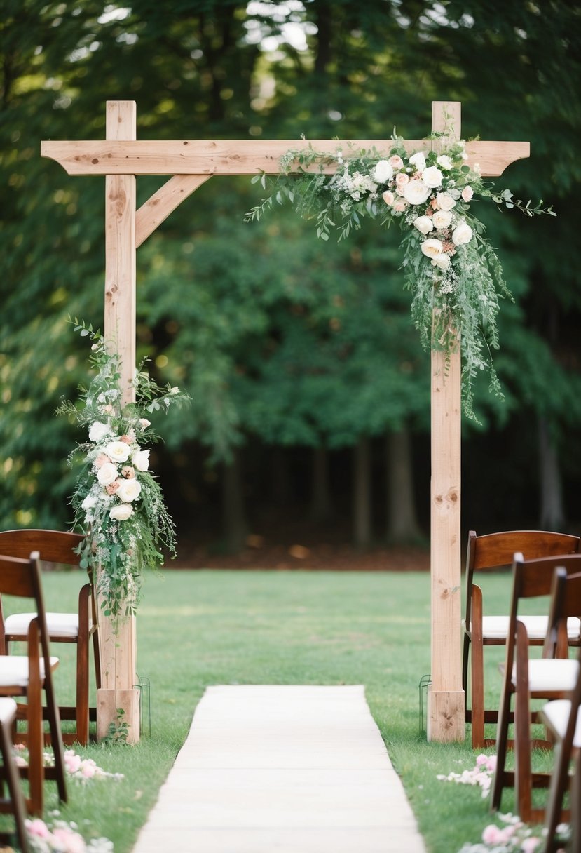 A rustic wooden beam arch stands adorned with flowers for a wedding trellis