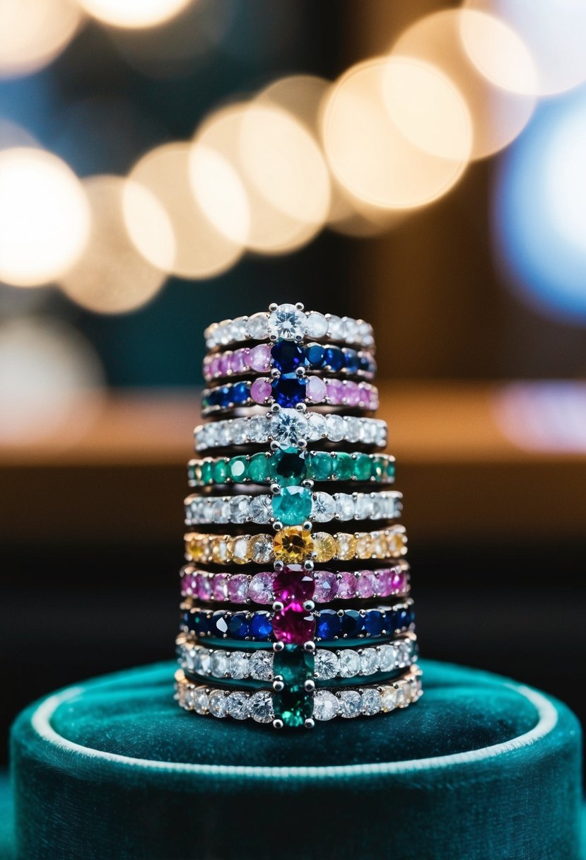 A sparkling stack of gemstone wedding rings in various vibrant colors arranged on a velvet display