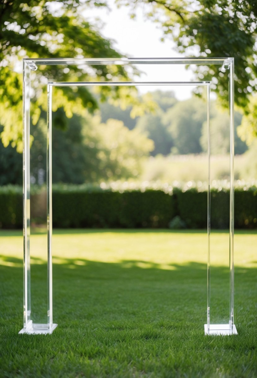 A sleek, modern acrylic wedding arch stands against a backdrop of lush greenery, with soft sunlight filtering through, creating a romantic and elegant atmosphere