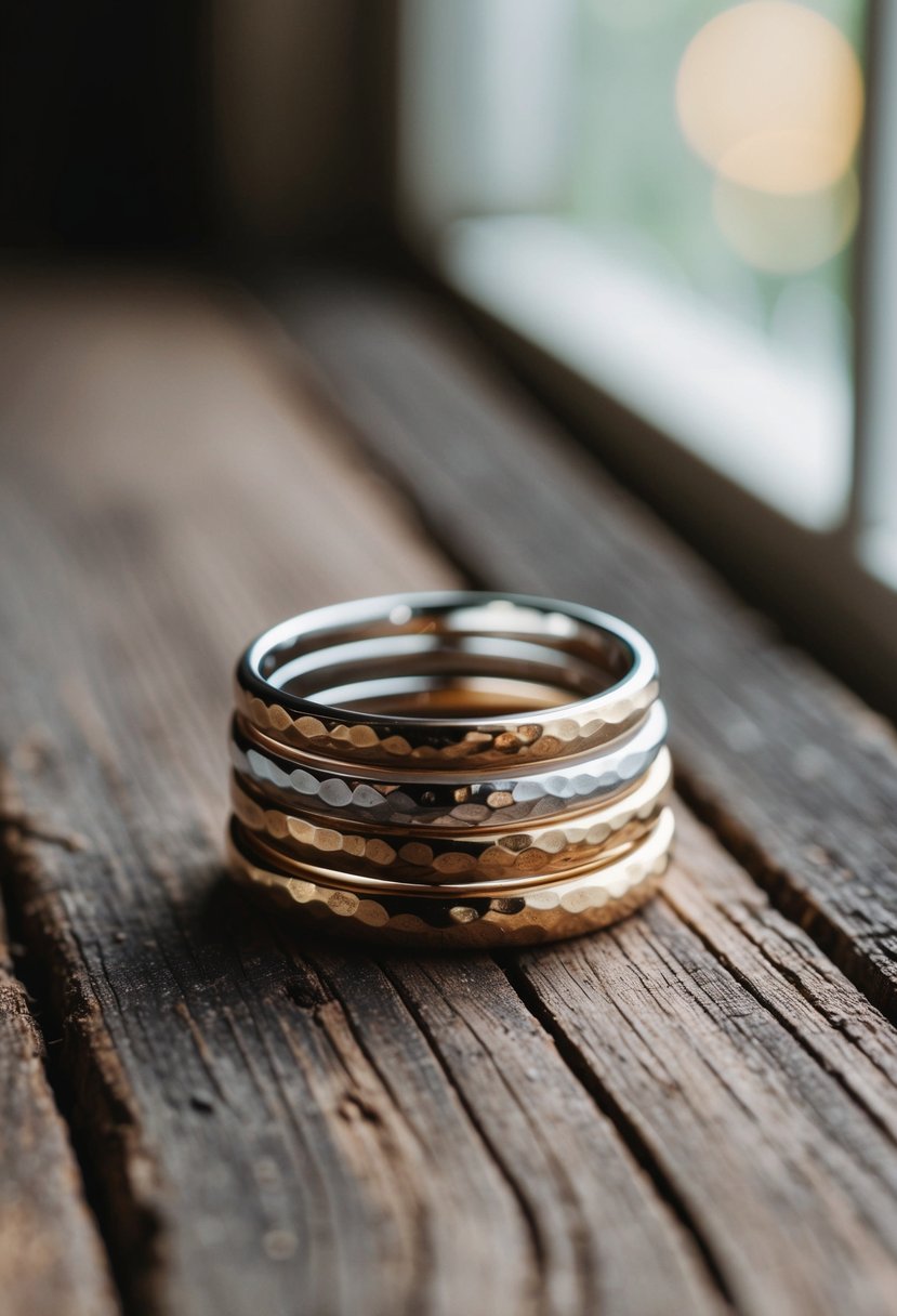 A stack of hammered finish wedding rings on a rustic wooden surface, with soft natural light filtering through a nearby window