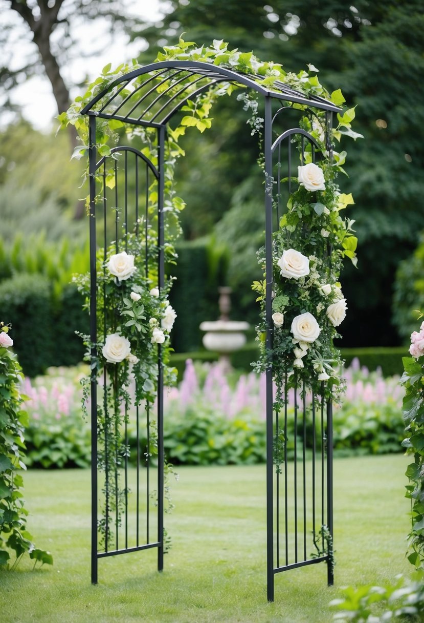 A metal trellis stands in a lush garden, adorned with flowers and ivy, creating a romantic and elegant setting for a wedding ceremony