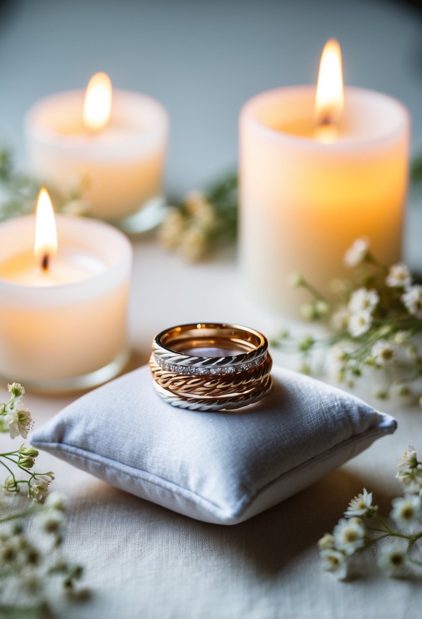 A stack of twist band wedding rings on a white velvet pillow, surrounded by delicate flowers and soft candlelight