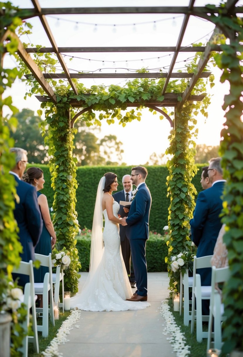 An ivy-covered trellis frames a romantic wedding ceremony