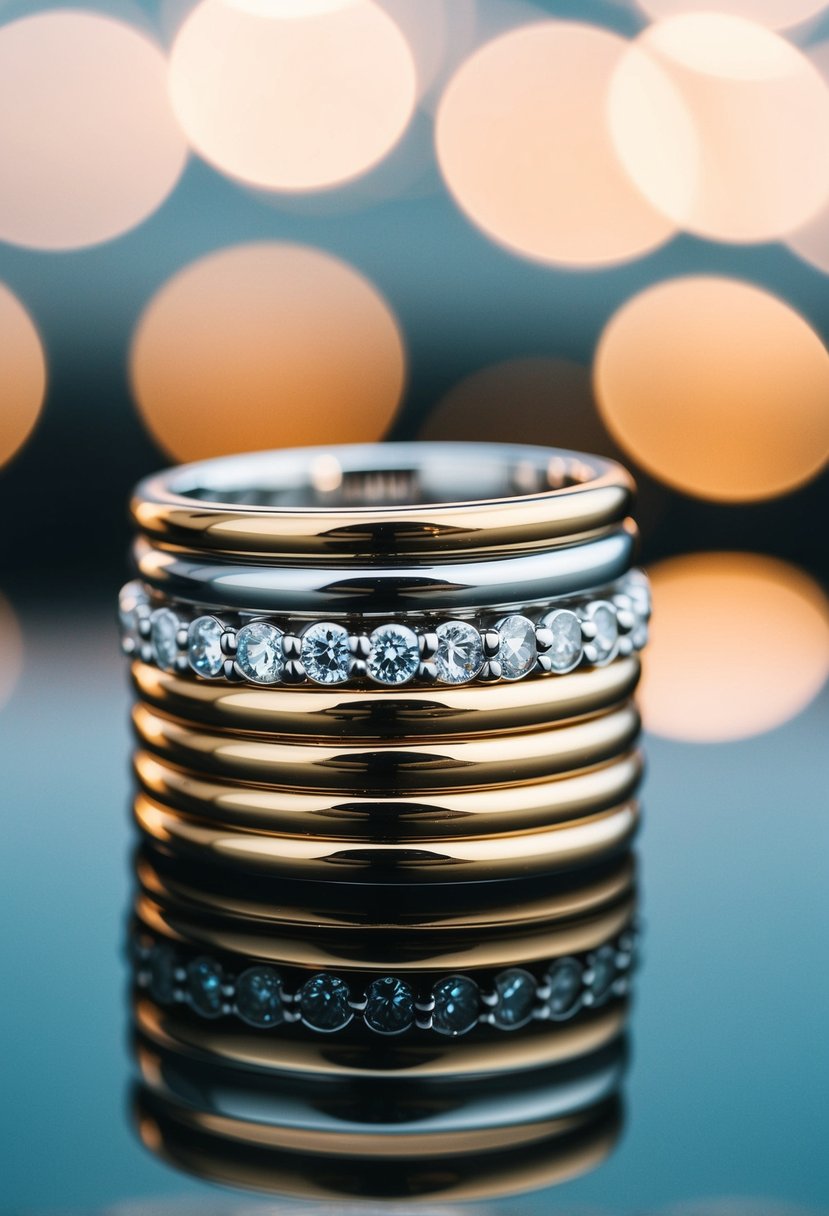 A stack of gold and silver wedding rings arranged on a reflective surface