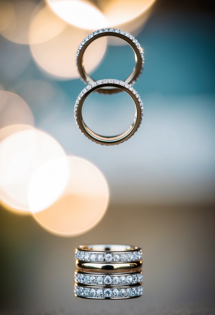 A sparkling diamond band hovers above a stack of wedding rings, suspended in mid-air