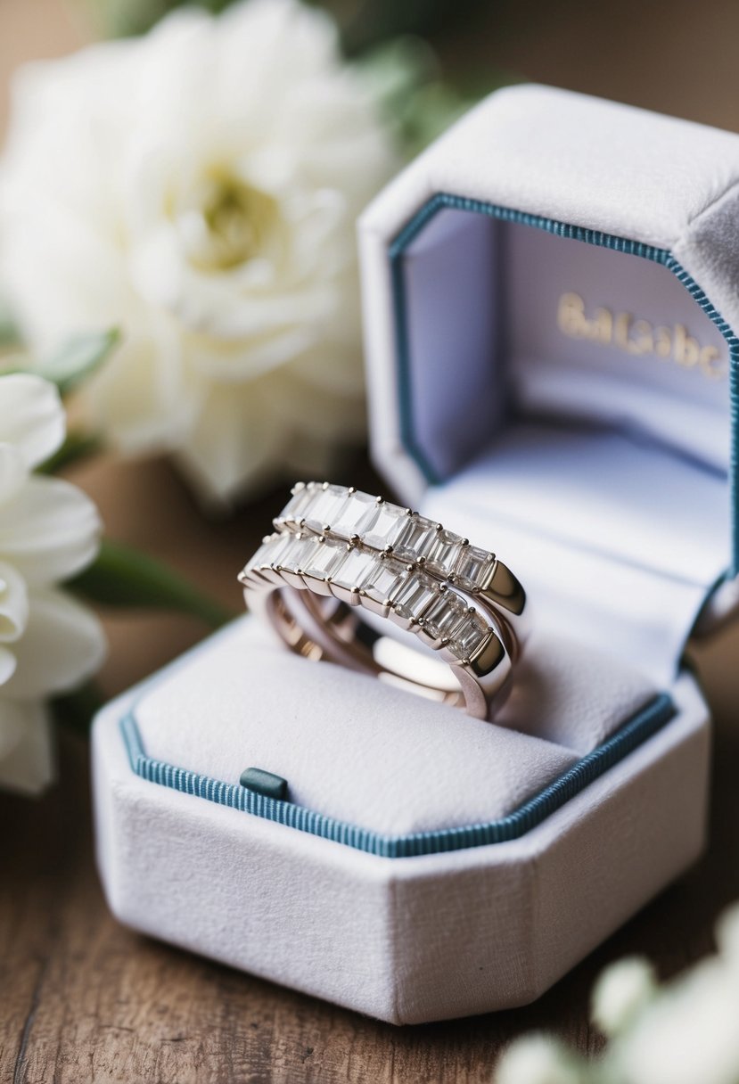 A baguette diamond ring stacked with two matching wedding bands on a white velvet cushion, surrounded by soft natural light