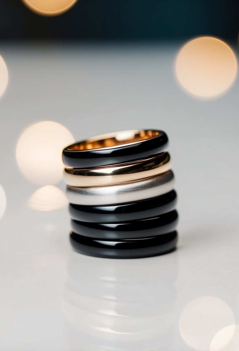 A stack of bold, thick band wedding rings, arranged in a modern, minimalist style