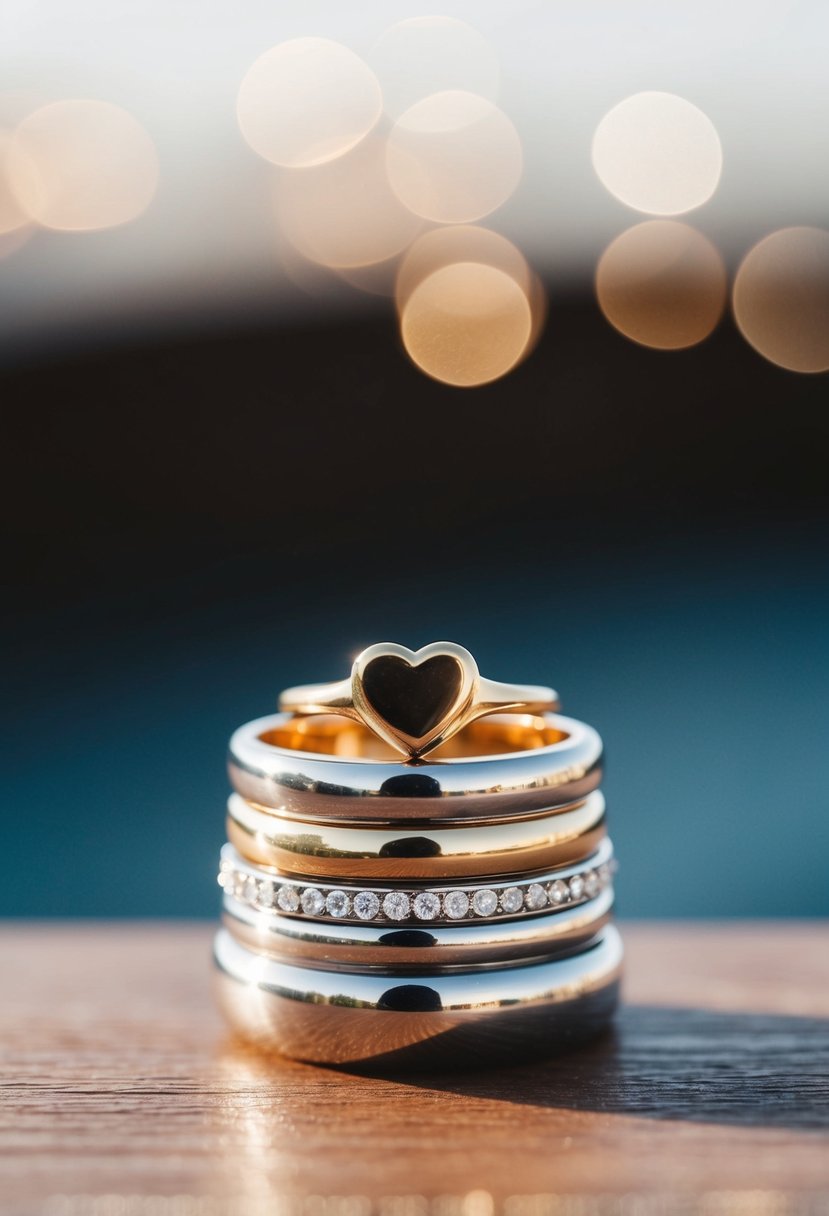 A stack of wedding rings with a heart signet ring on top