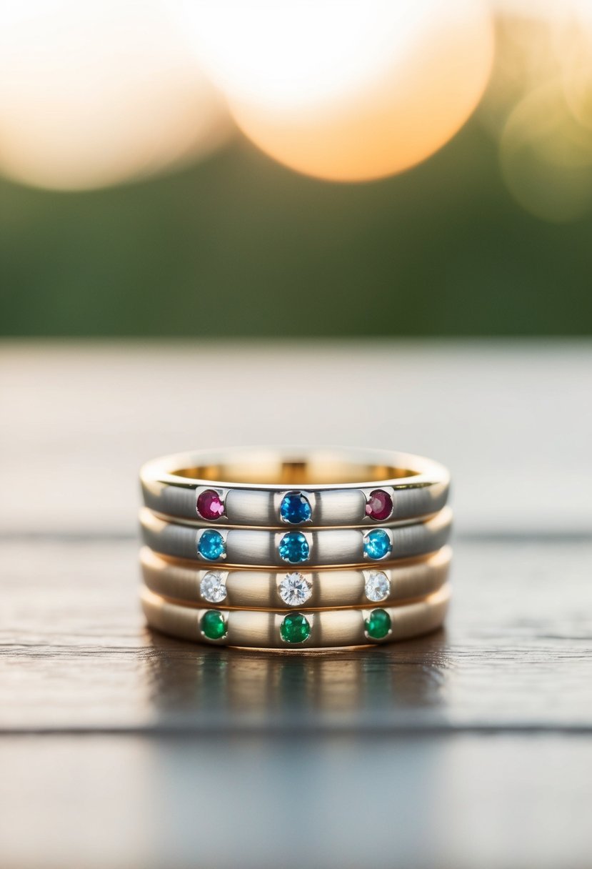 A set of wedding rings stacked together, each adorned with birthstone accents representing the months of the couple's birth