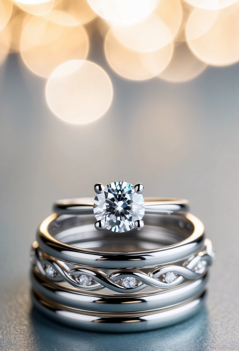 A shiny solitaire wedding ring sits atop a stack of delicate, intertwined bands