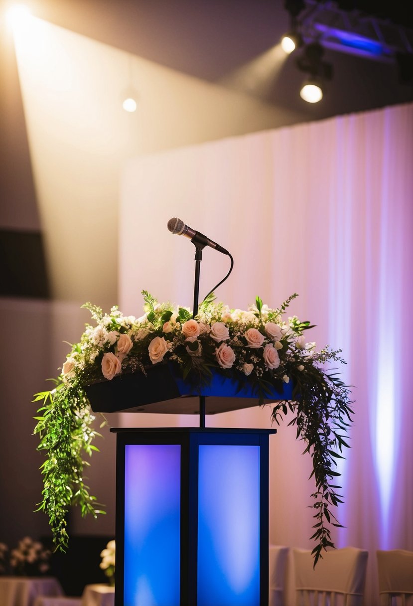 A microphone stands on a podium adorned with flowers, as a spotlight shines down on it, creating a warm and inviting atmosphere for a wedding speech