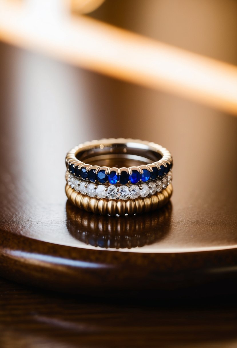 A stack of ribbed gemstone wedding rings arranged on a polished wooden surface, catching the light and showcasing their unique textures and colors