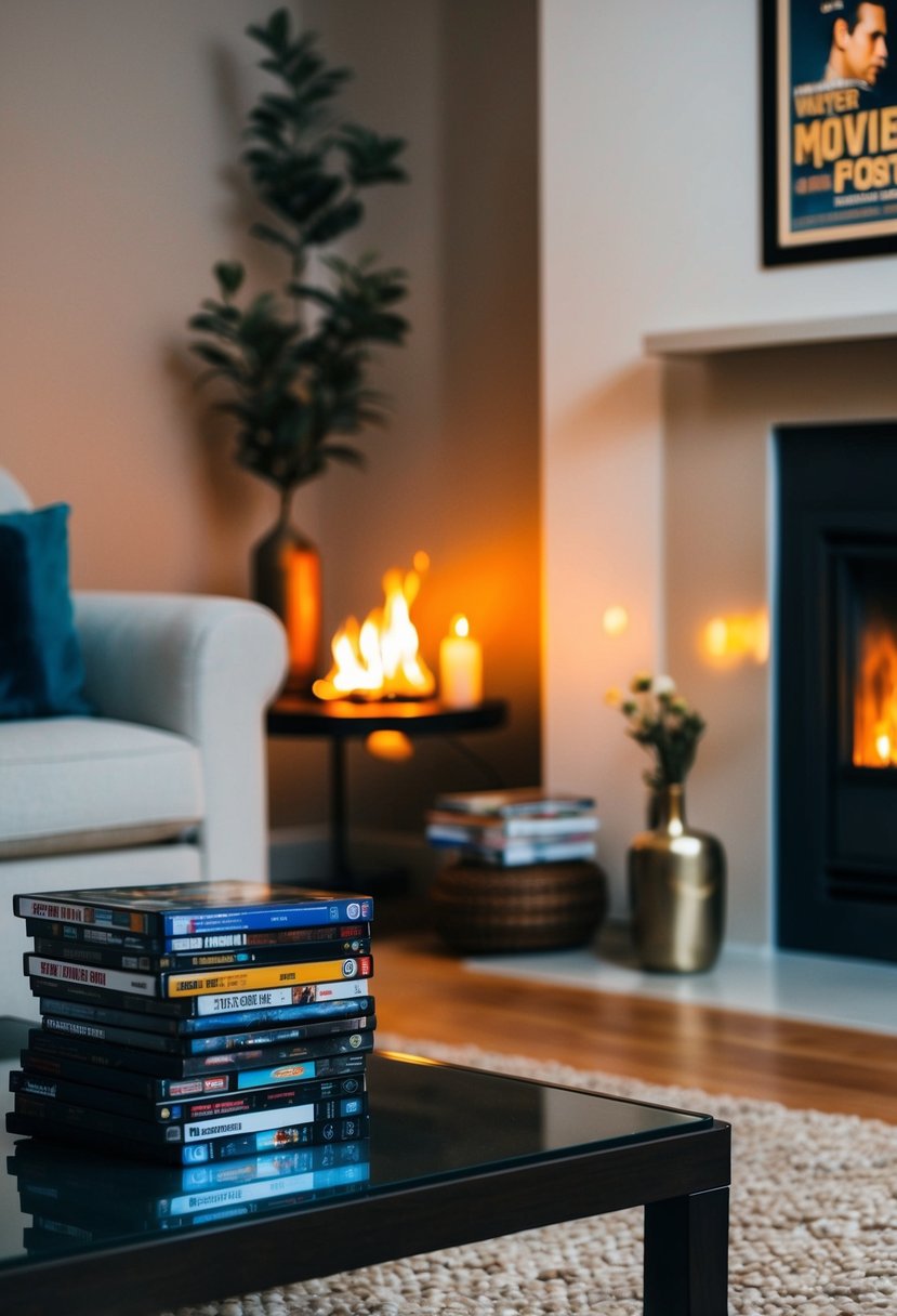 A cozy living room with a flickering fireplace, a vintage movie poster on the wall, and a stack of DVDs on the coffee table