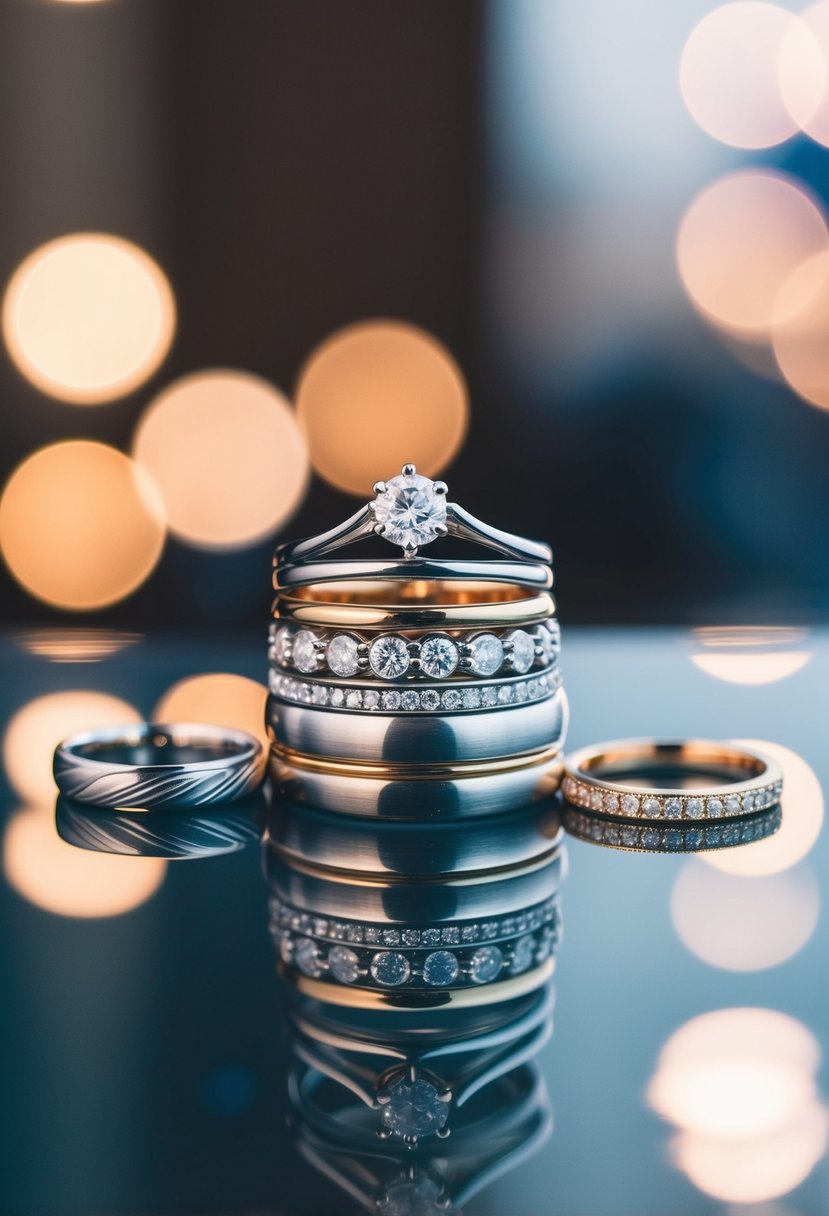 A stack of wedding rings with asymmetrical designs arranged on a reflective surface