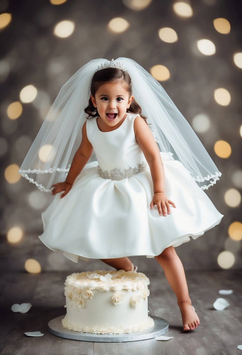 A child wearing a wedding dress and a comically oversized veil, tripping over the train and stumbling into a cake