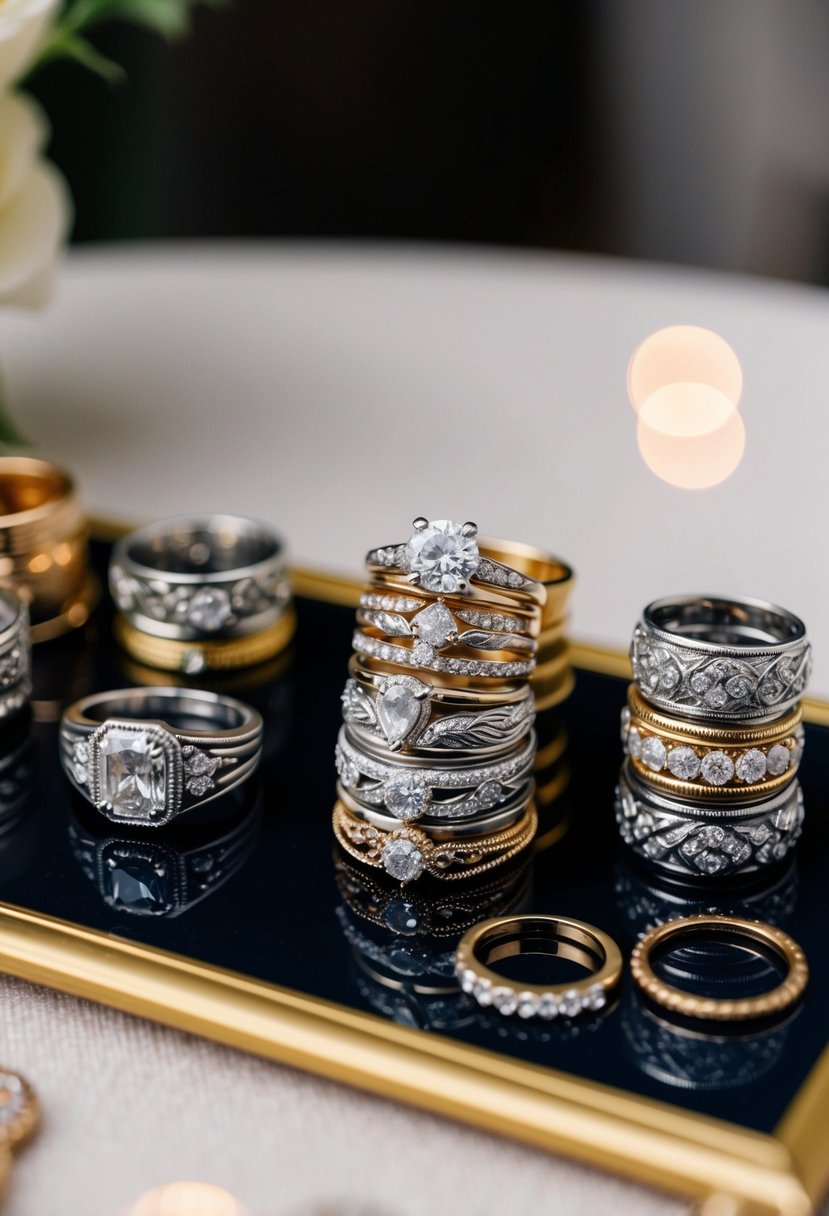 A table displaying a variety of vintage-inspired wedding ring stacks, featuring intricate designs and a mix of metals and gemstones