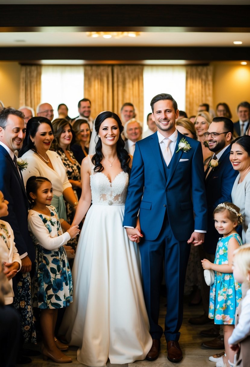 A couple stands at the center of a crowded room, surrounded by friends and family. The bride and groom are smiling, holding hands, while the guests look on with warm and happy expressions